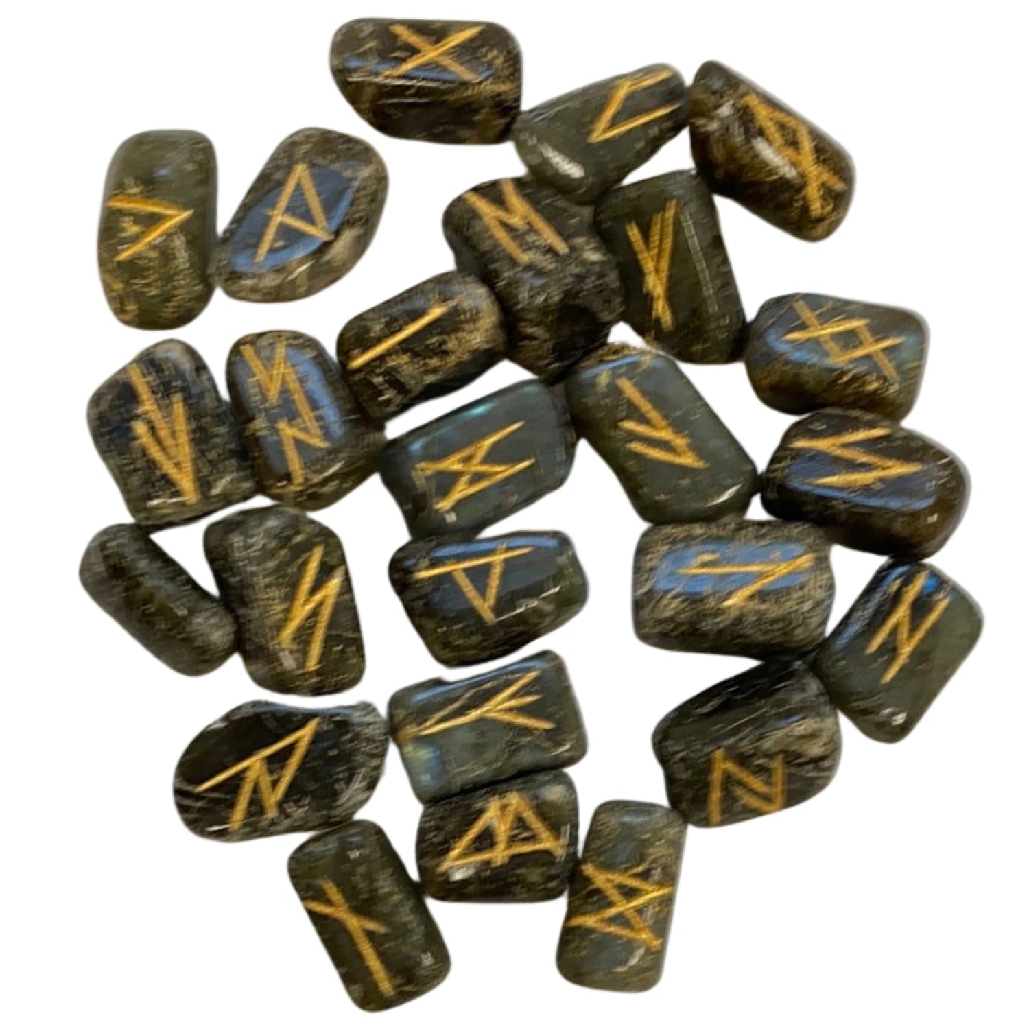 Labradorite stones with gold runes engraved on them.