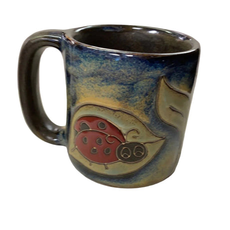 Ladybug Mug 16oz -Large stoneware mug in blue and tan with lady bug image on side 