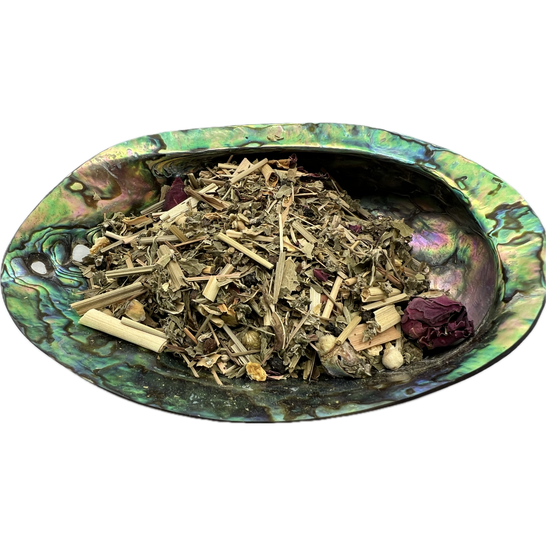 Dried mixed herbs called Lazy Daze Organic Tea placed on a colorful shell bowl
