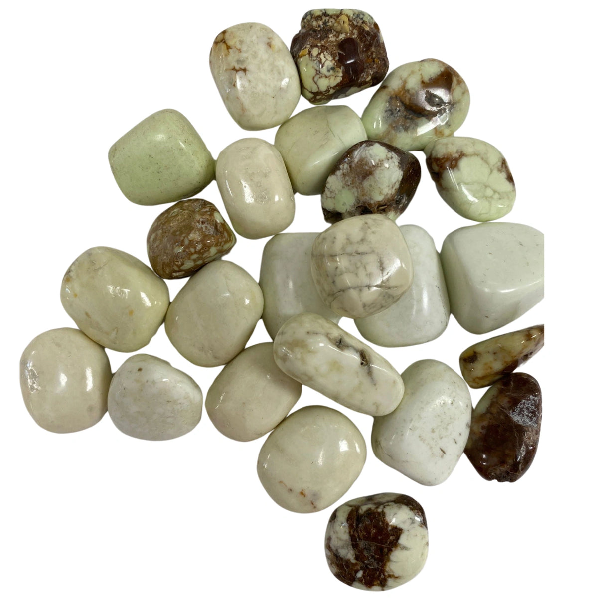 Tumbled Lemon Chrysoprase stones with a smooth, polished finish and a variety of green hues, ranging from pale yellow-green to deeper shades. Some stones may exhibit darker brown or black veining.