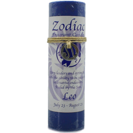 Blue candle with "ZODIAC" and "LEO" labels.