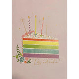 Greeting card with a slice of rainbow cake with candles and sprinkles. The text "LET'S EAT CAKE" is written below the image.