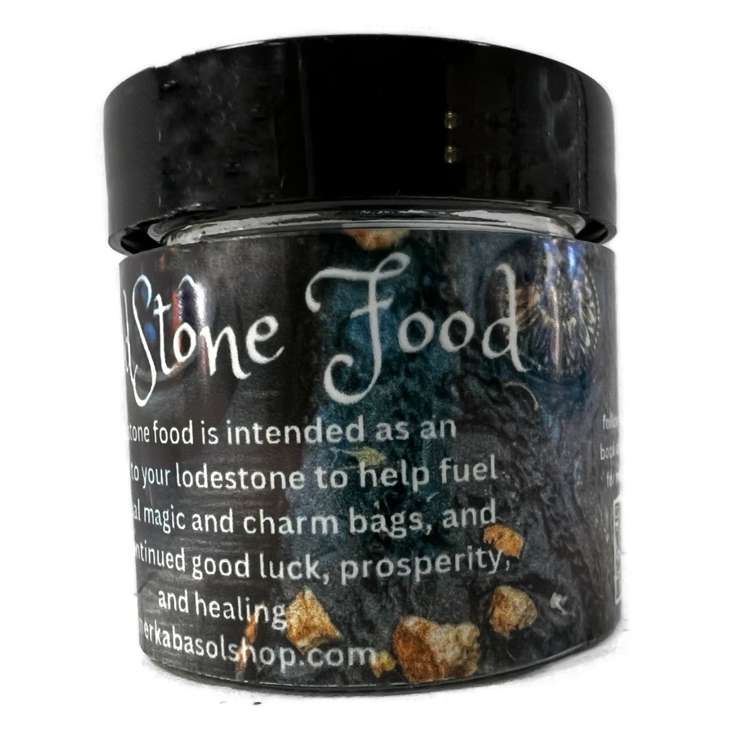 Loadstone Food - Small glass jar with black plastic lid and label that says Loadstone food 