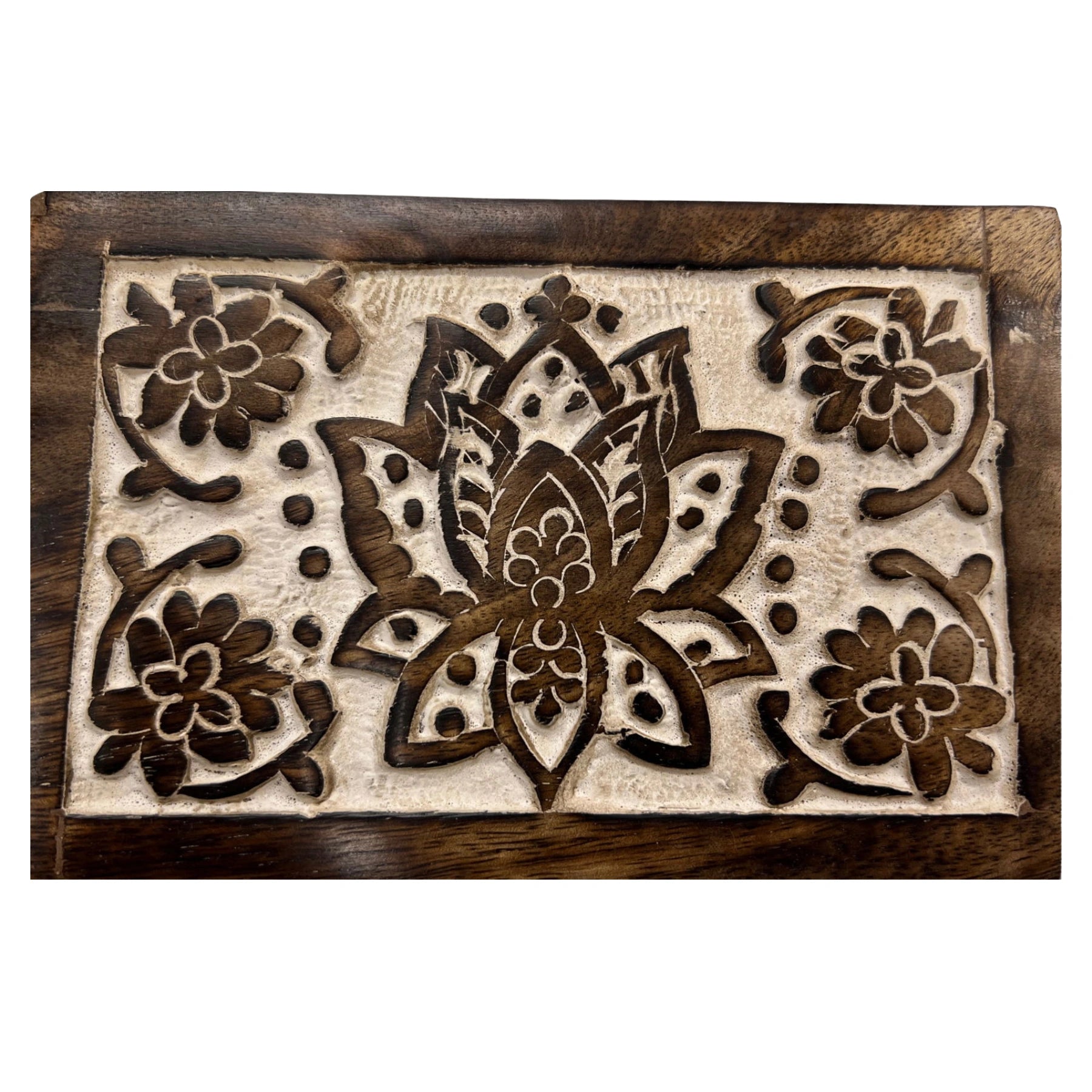 Wooden box with carved lotus flower design.