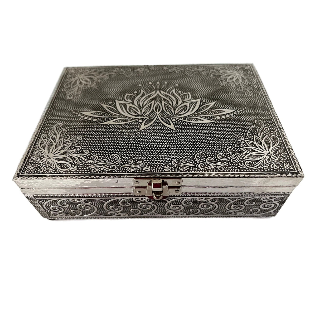 Lotus Metal Box - Silver metal box with louse flower engraved on top clasp in front 