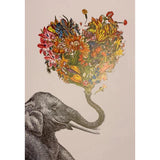 Elephant blowing a heart-shaped bouquet of flowers.