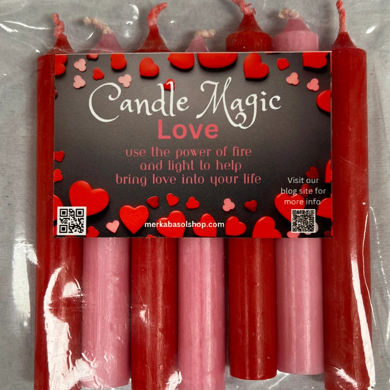 Clear plastic packaging containing seven red candles. The label reads "Candle Magic Love" and includes information about using the candles for love.