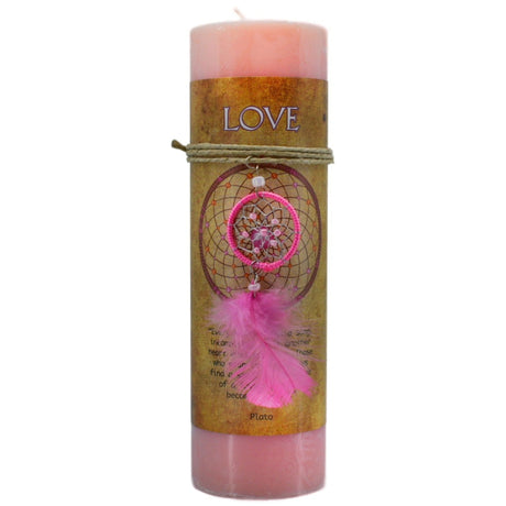 Pink candle with a pink dream catcher pendant.