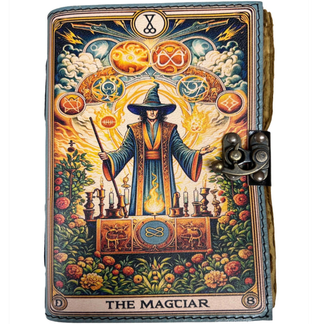 Brown leather journal with The Magician tarot card design and brass lock.