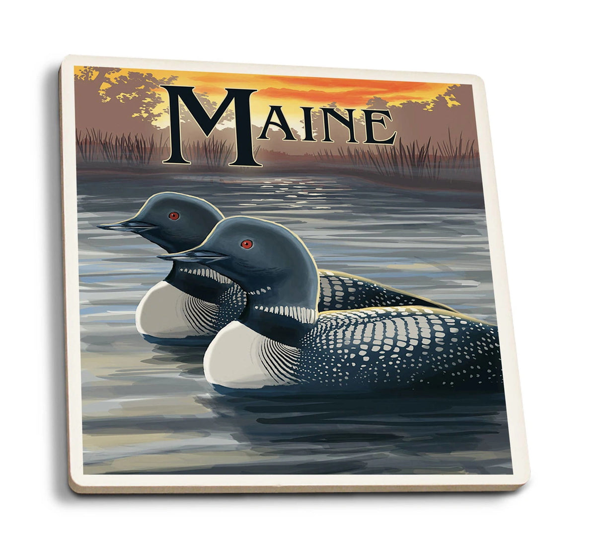 Ceramic coaster with "MAINE" and two loons.