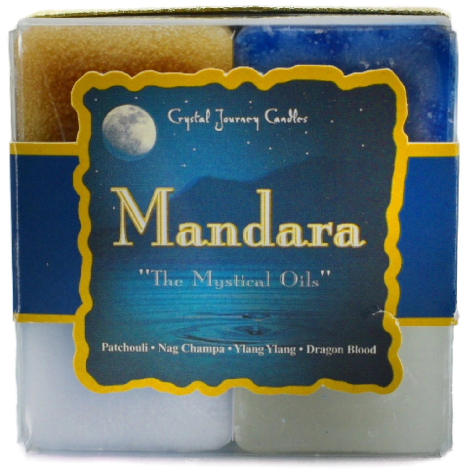 Mandara Candle Set with gold, blue, green, and white candles.