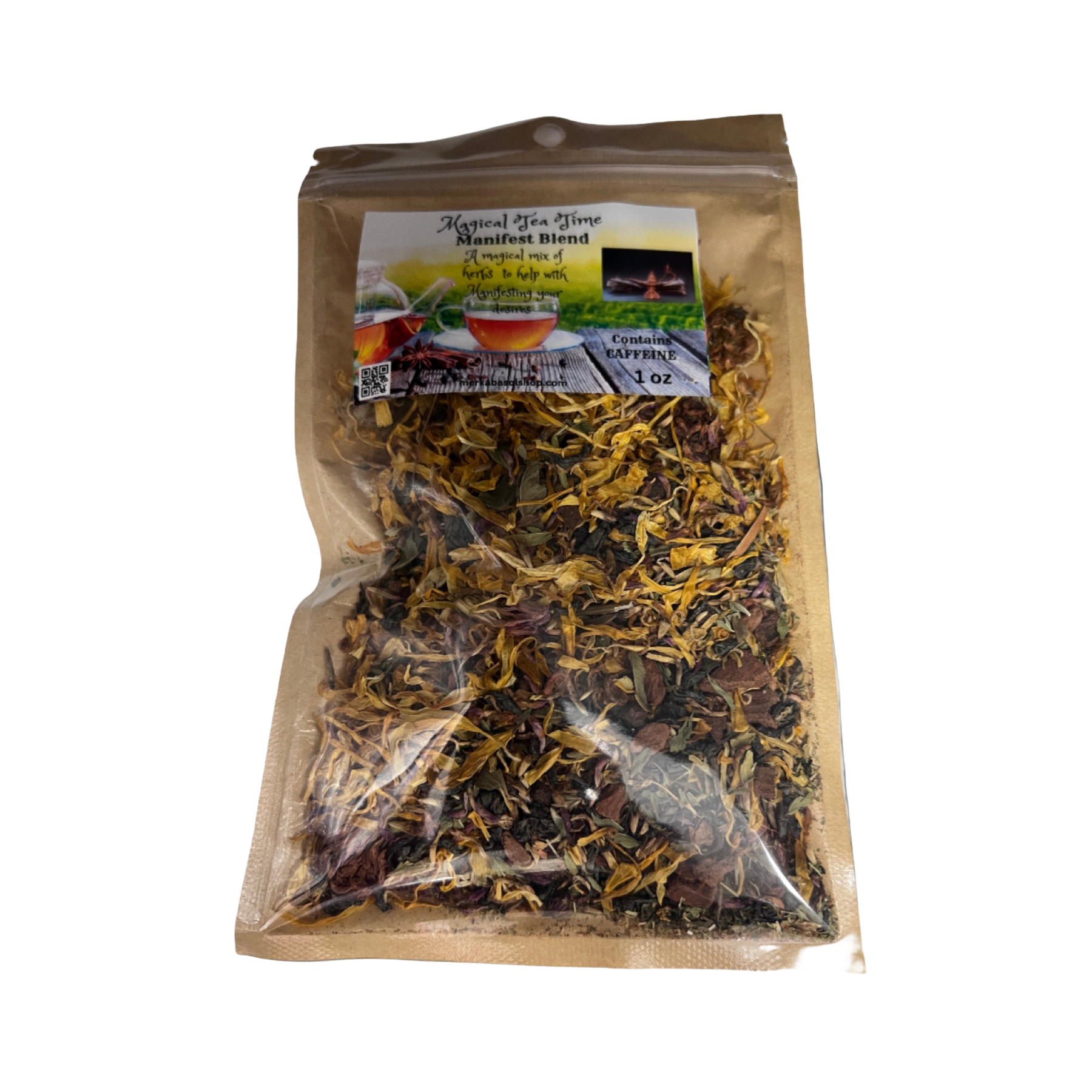 Dried mixed herbs called Manifestation Blend Tea packed inside a ziplock