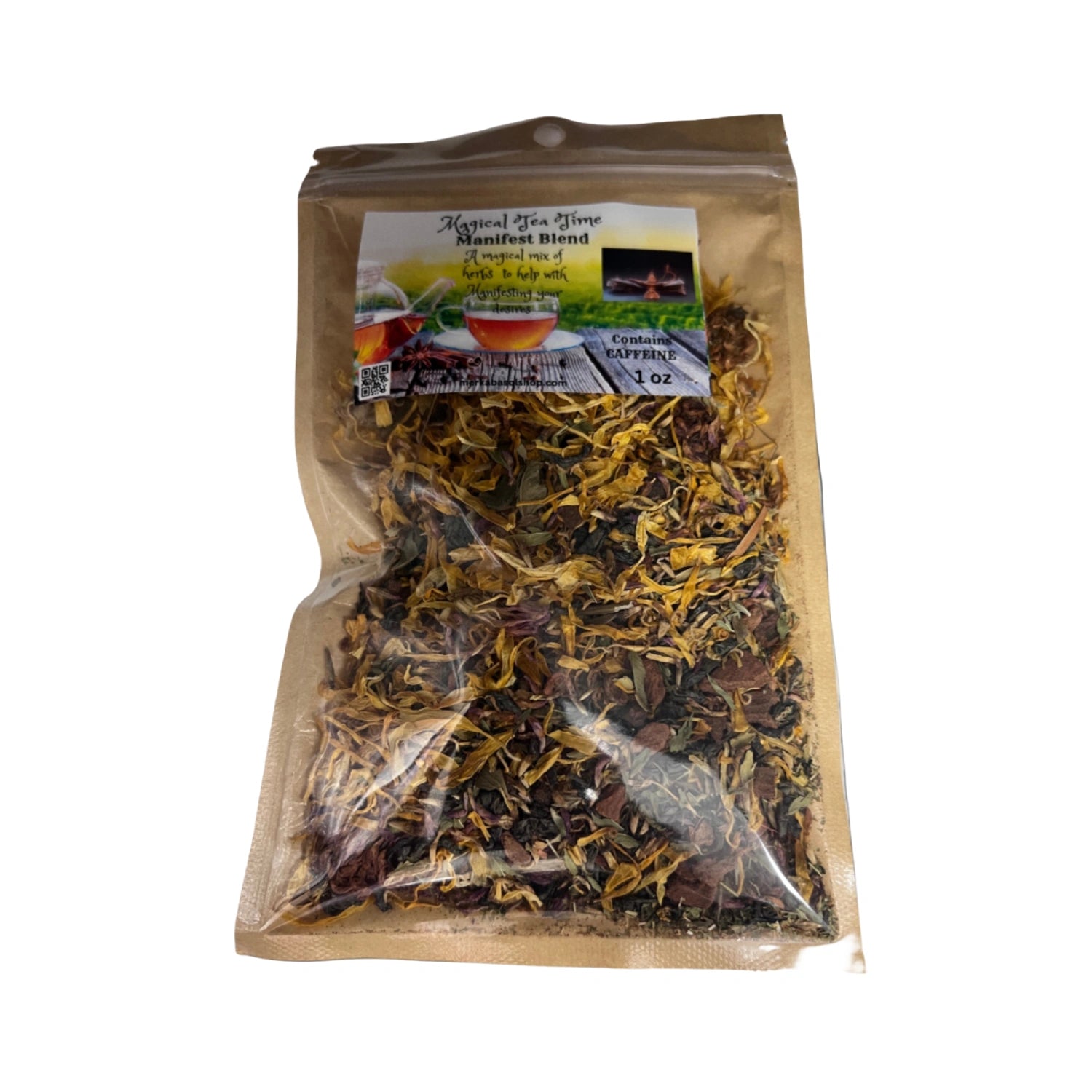 Dried Manifestation Blend Tea herbs in a clear plastic bag.