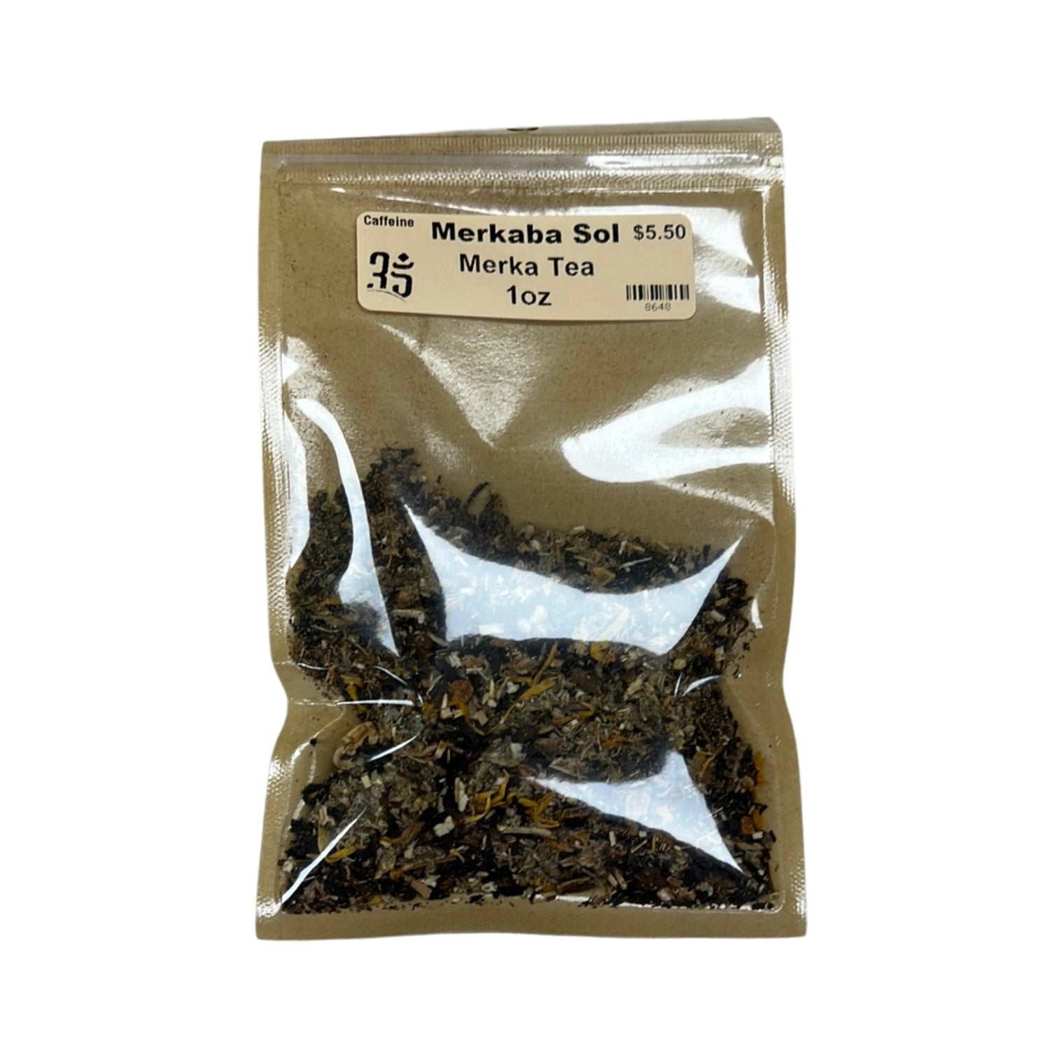 Dried Merka Tea in a clear plastic bag.