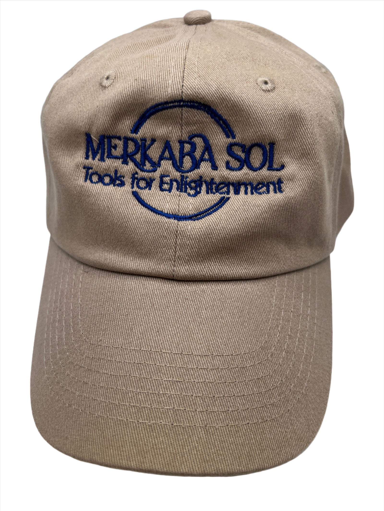 Merkaba Sol Khaki Ball Cap - Khaki colored ball cap with the Merkaba Sol label embroidered in blue 