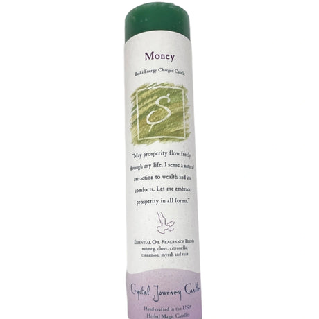 Money Pillar Candle - green pillar candle with white label and writing Money Candle 