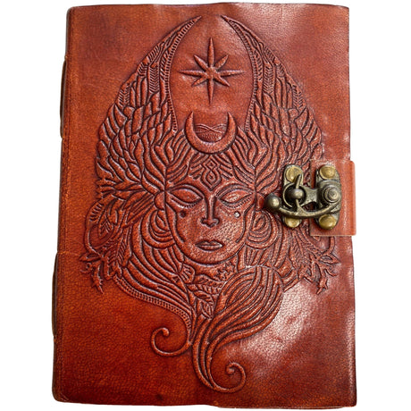 Brown leather journal with moon goddess design and brass lock.