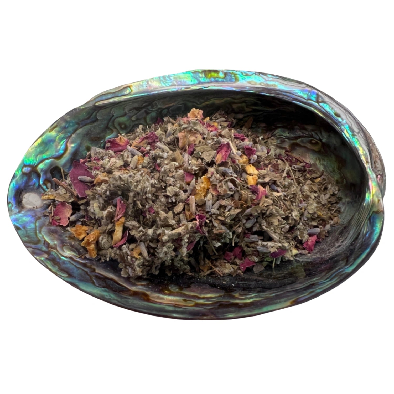 Dried Moon Magic Blend Tea in an abalone shell.