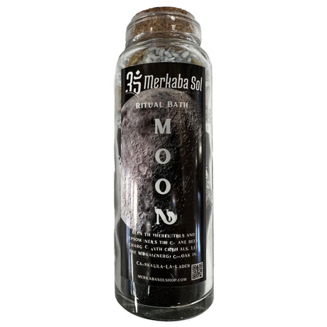 Moon Ritual Bath - Tall glass bottle with black label describing ingredients 