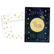 Black greeting card with image of full moon and stars with writing 