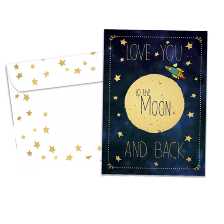 Black greeting card with image of full moon and stars with writing 