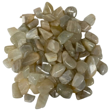 Tumbled Moonstone stones in various shades of cream, white, and gray.