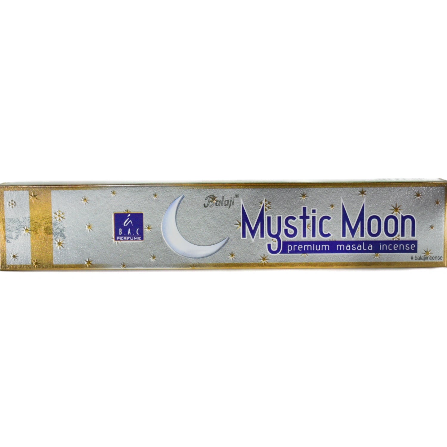 Mystic Moon Premium Masala Incense Sticks in a silver box.