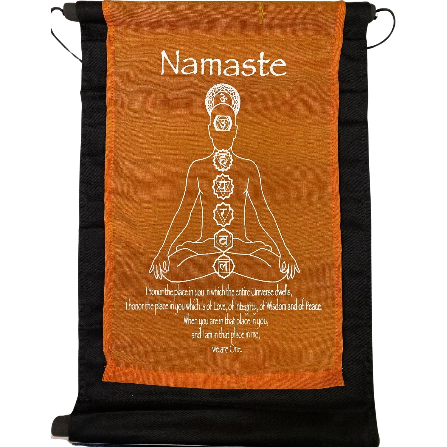 Namaste Banner - Namaste Banner made from black and orange colored cloth with white print.