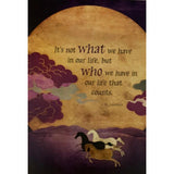 Greeting card with a quote by J.M. Lawrence that reads: "IT'S NOT WHAT WE HAVE IN OUR LIFE, BUT WHO WE HAVE IN OUR LIFE THAT COUNTS." The quote is surrounded by a moon and clouds.