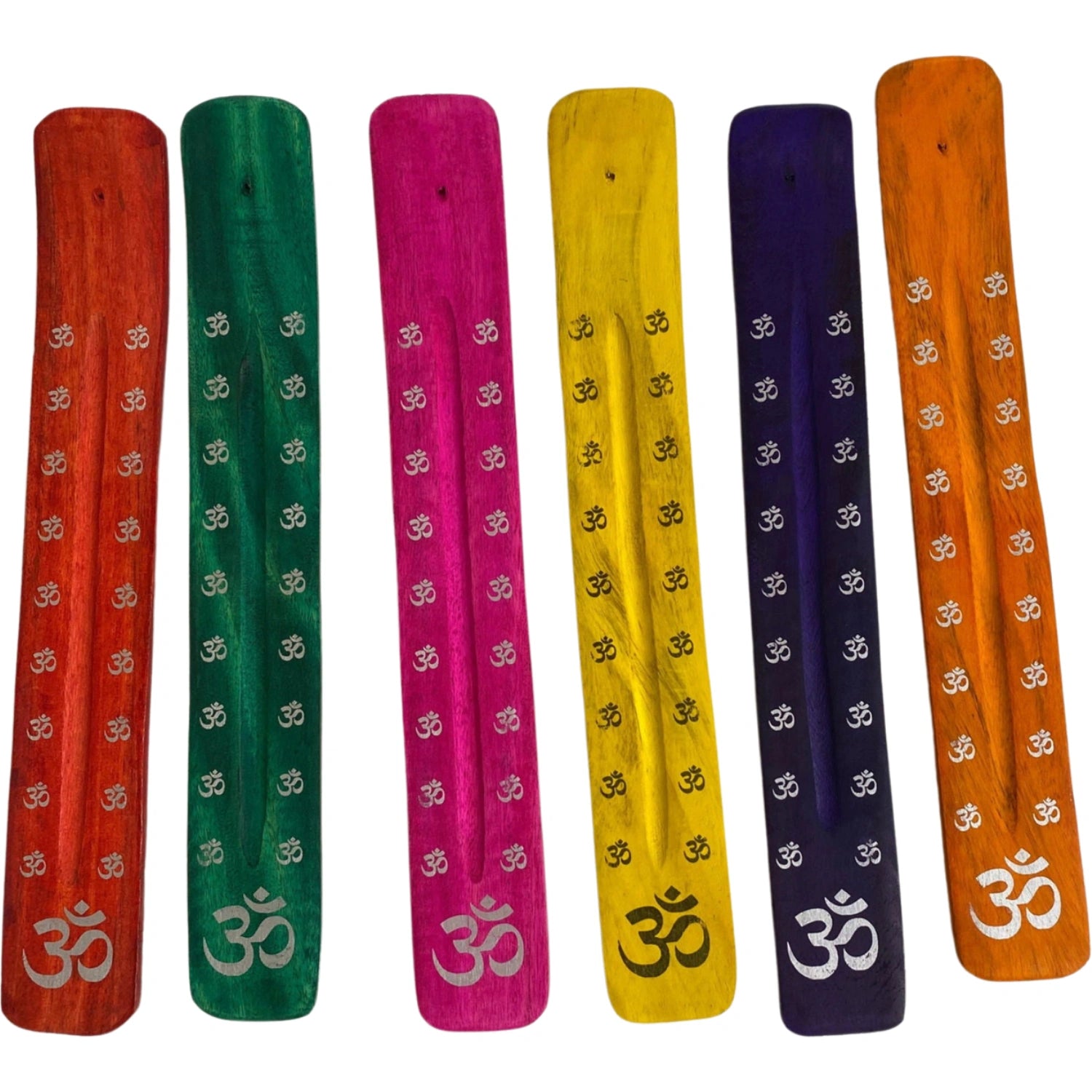 Assorted colored wooden incense sticks with OM symbol.