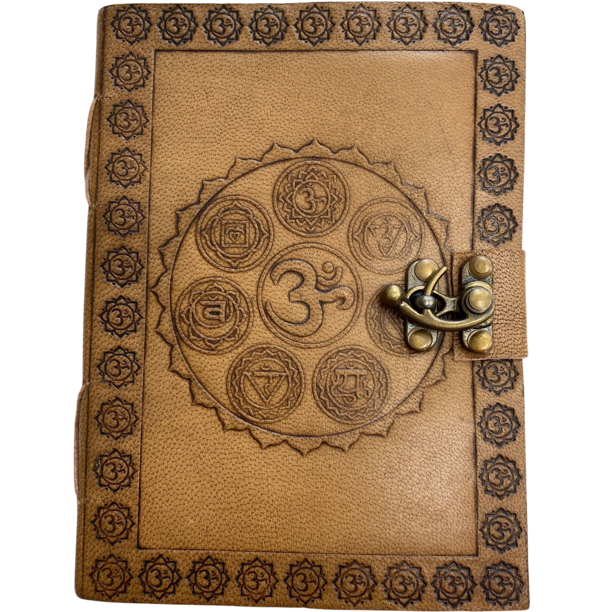 Brown leather journal with OM symbol and seven chakra symbols, with brass lock.