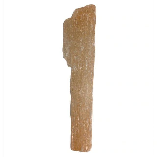 A small, raw Orange Selenite stick with a rough, natural finish and a translucent orange color.