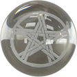 Pentacle etched into a clear crystal sphere.