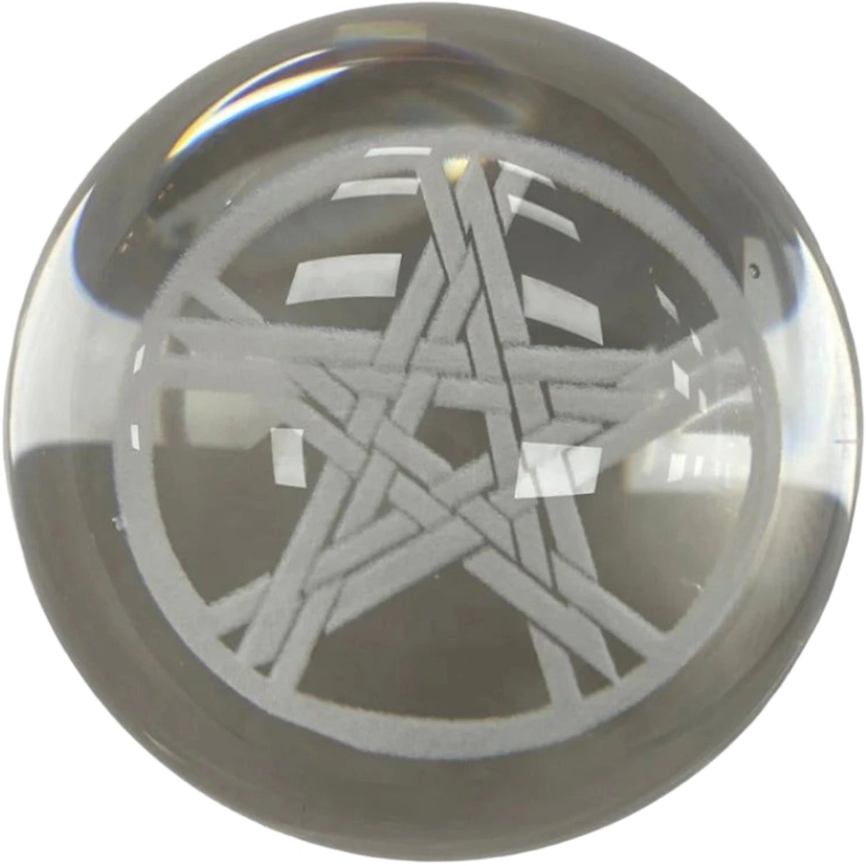 Pentacle etched into a clear crystal sphere.