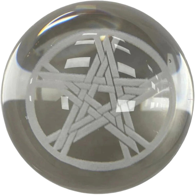 Pentacle etched into a clear crystal sphere.