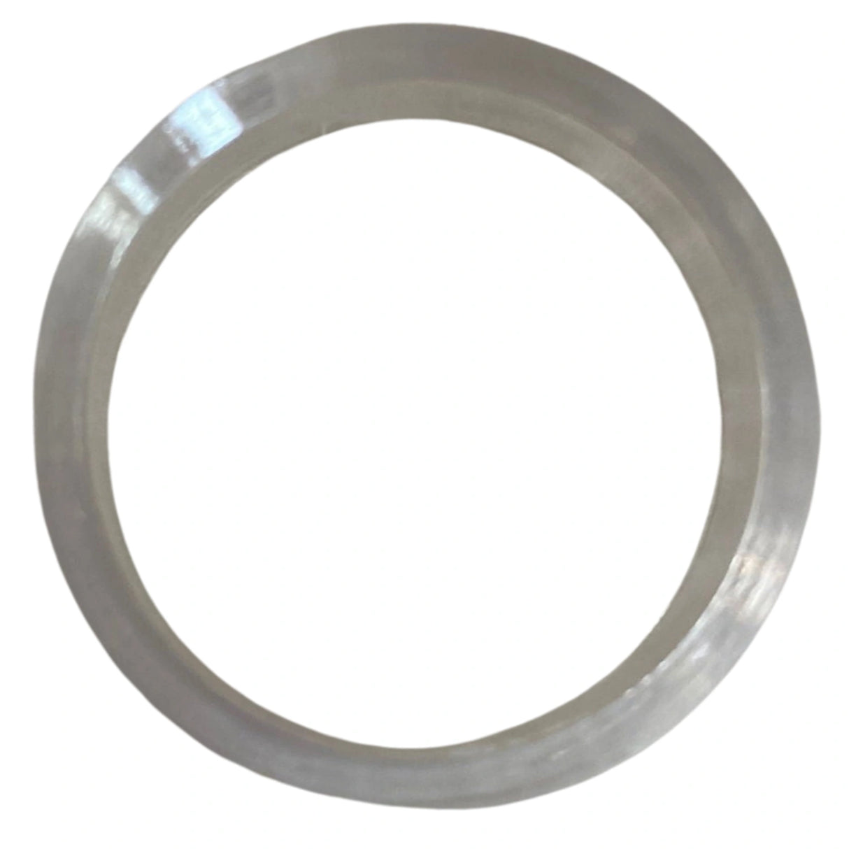 A transparent plastic ring stand with a beveled edge.