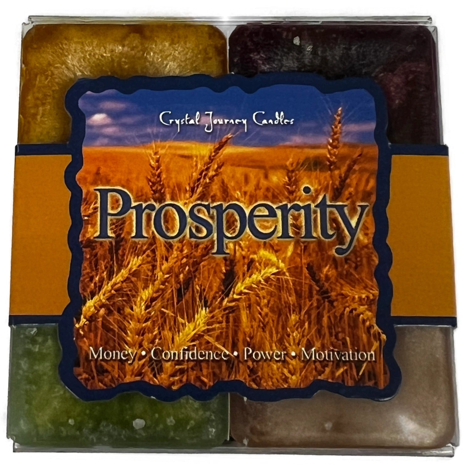 Prosperity Candle Set with yellow, green, purple, and white candles.