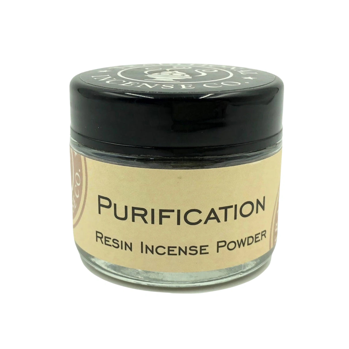 Purification Resin Incense Powder in a clear jar with a black lid.