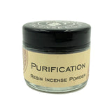 Purification Resin Incense Powder in a clear jar with a black lid.