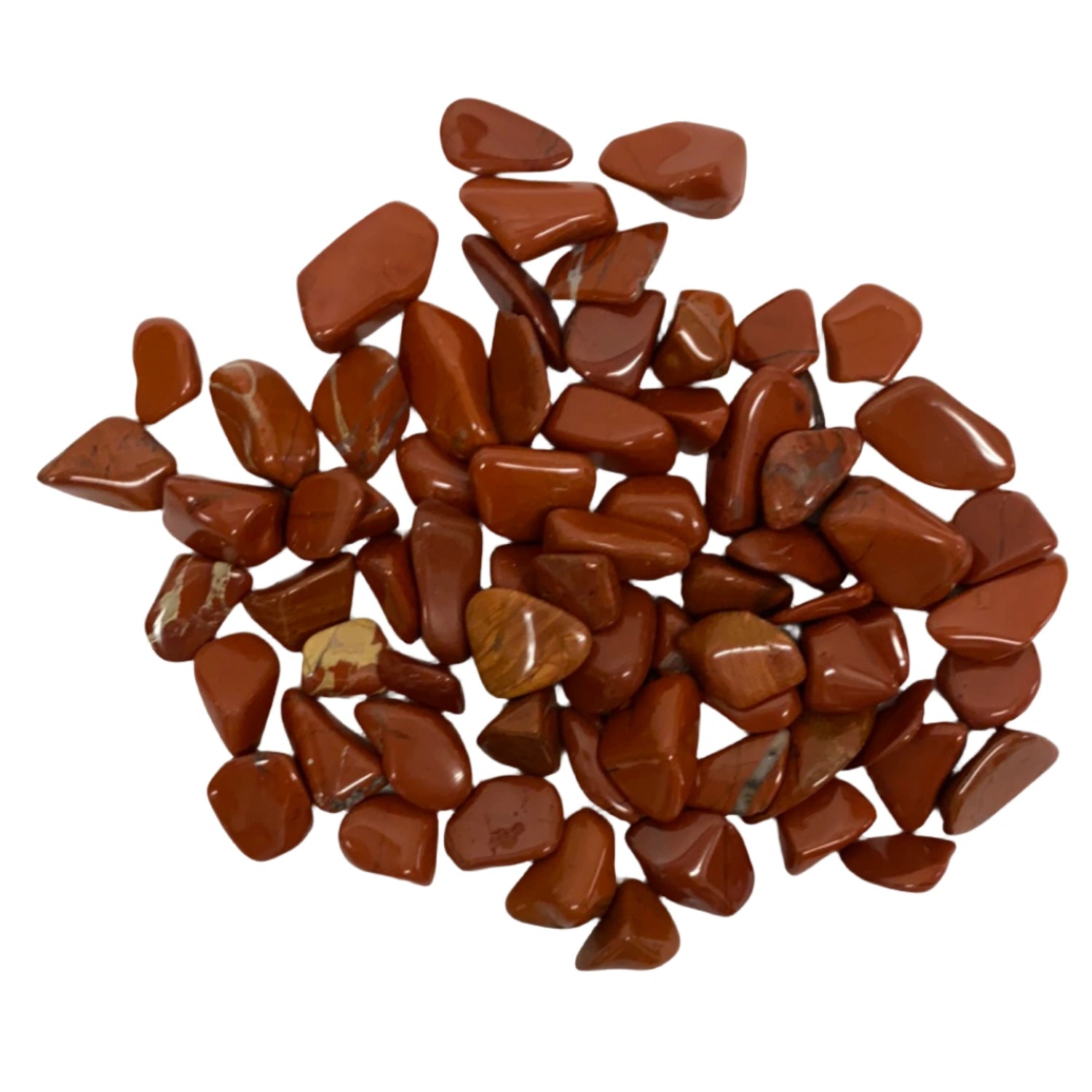 Red Jasper Tumbled - Polished red jasper stones with varying shades and patterns.