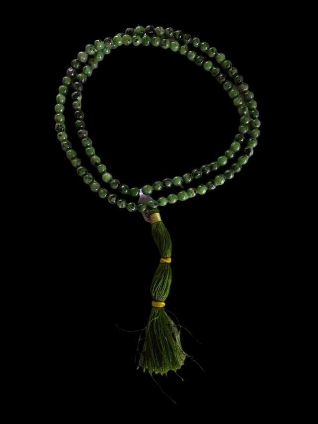 Ruby Zosite Mala - Green beads with red inclusions green tassle 