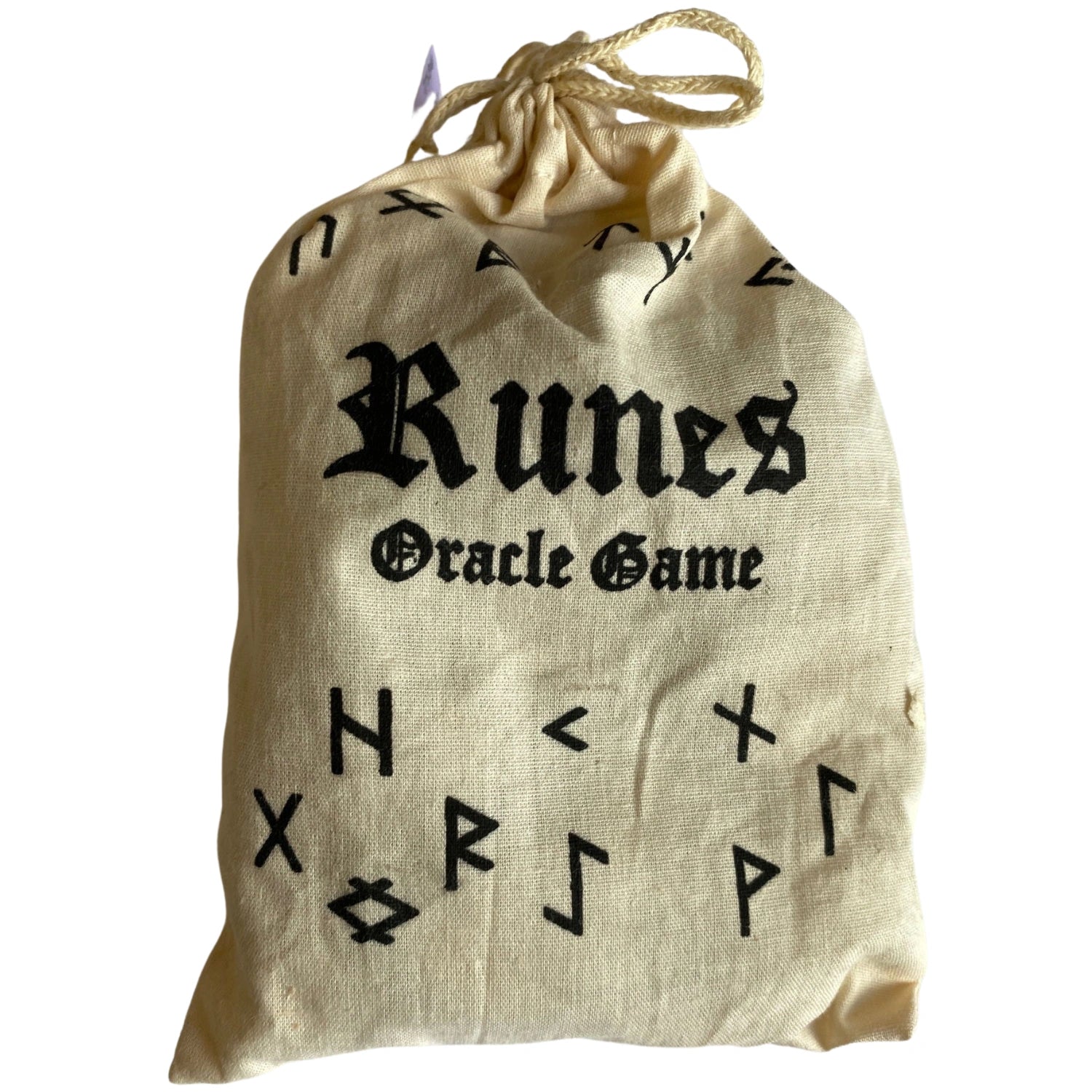 Beige cloth bag with the words "Runes Oracle Game" printed on it. The bag contains a set of runes.