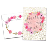 thank you card white with pink flowers and the words thank you very much.