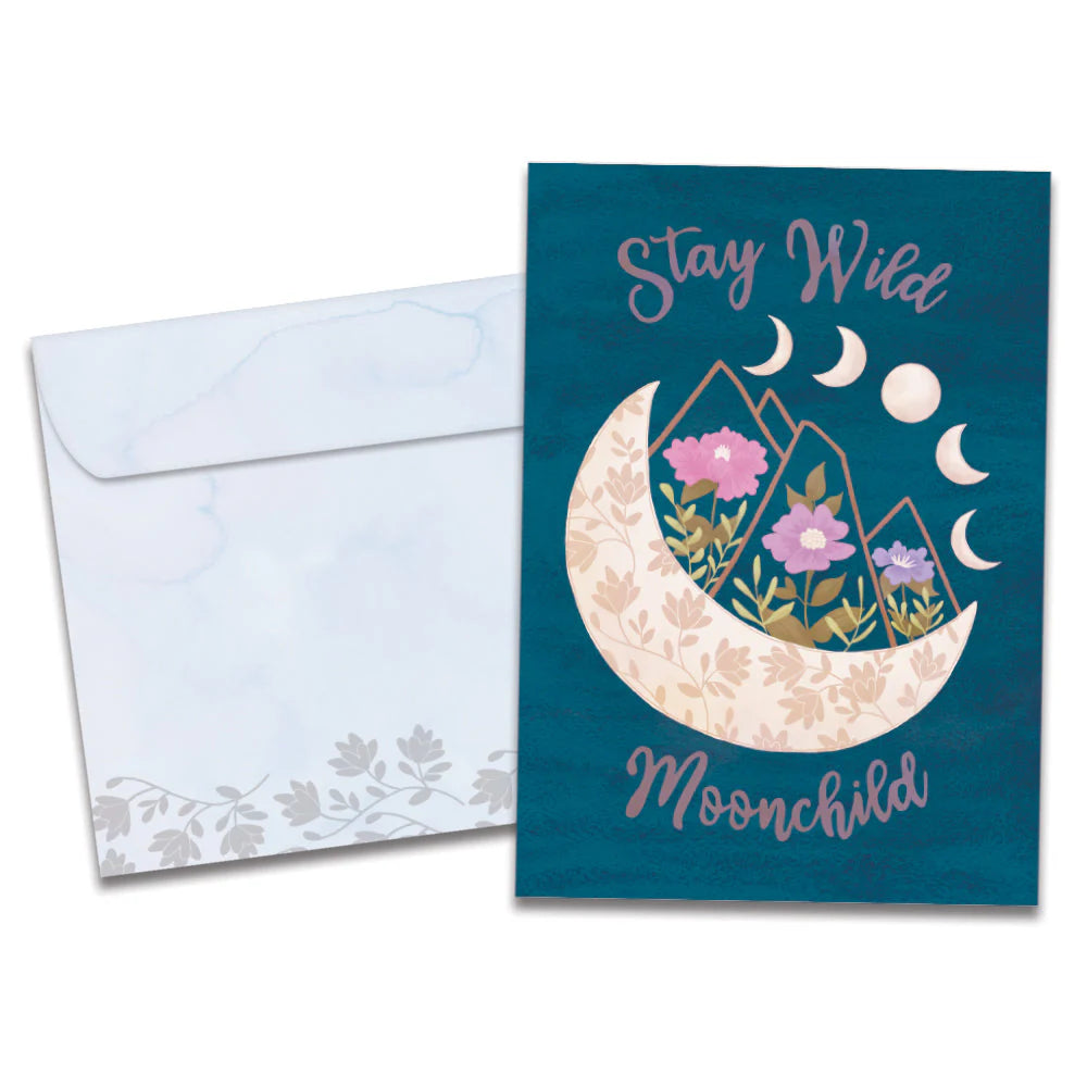 outside card teal blue with image of crescent moon and flowers  with words stay wild moon child 