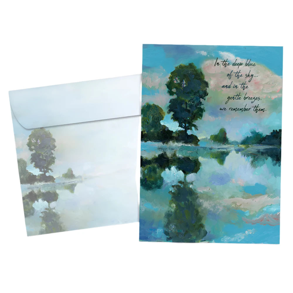 sympathy deep blue blue card with images of trees and water 