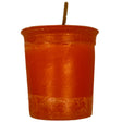 Orange votive candle with a smooth, unadorned surface.