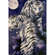 Two white tigers standing on a rock, gazing at a full moon against a purple sky.