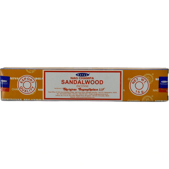 Satya Nag Champa Sandalwood Incense Sticks in a yellow box.