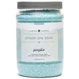 Clear plastic jar filled with blue Epsom salt crystals. The label reads "Heartland Fragrance Epsom Spa Soak Seaside Soothing Ocean Vibes with Sea Clay & Essential Oils" and includes the net weight (850g/30oz).