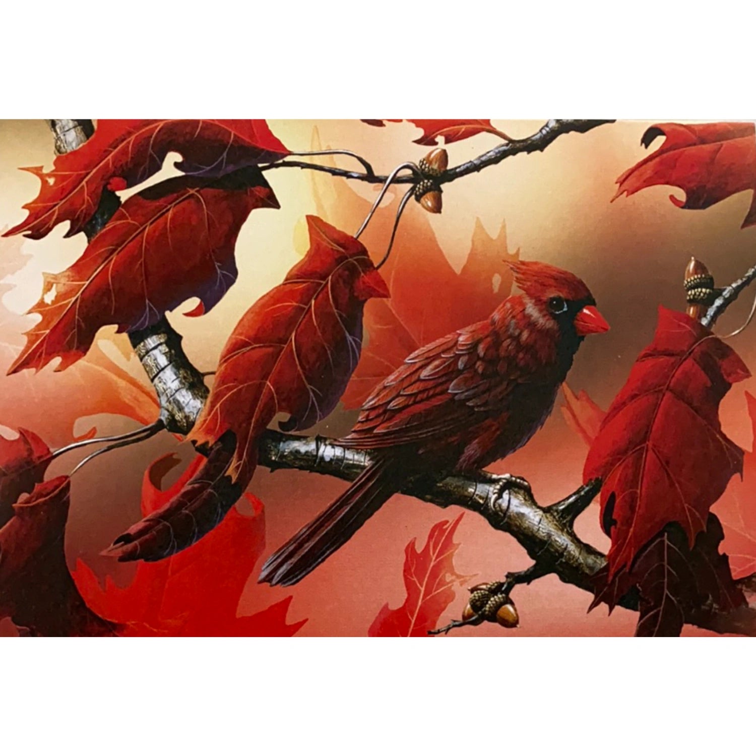 Greeting card with two red cardinals perched on a branch with red leaves and acorns.